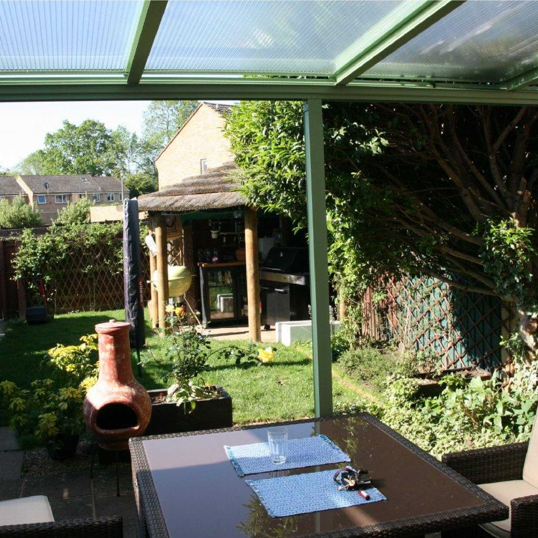 Affordable Omega Smart Lean-To Canopy, White with 16mm Polycarbonate Glazing - 5.2m (W) x 2.5m (P), (3) Supporting Posts