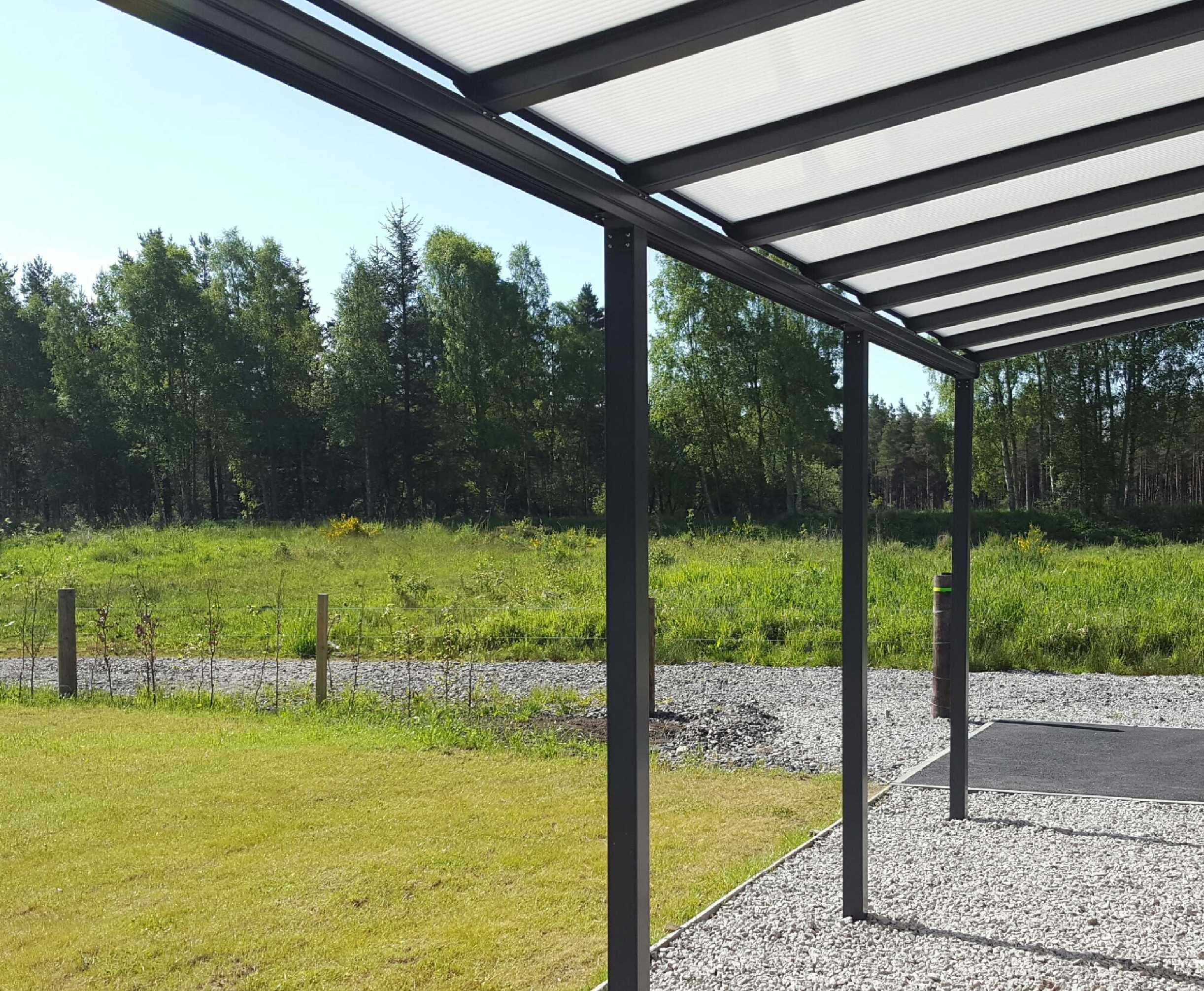 Omega Smart Lean-To Canopy, Anthracite Grey, 16mm Polycarbonate Glazing - 7.4m (W) x 3.0m (P), (4) Supporting Posts