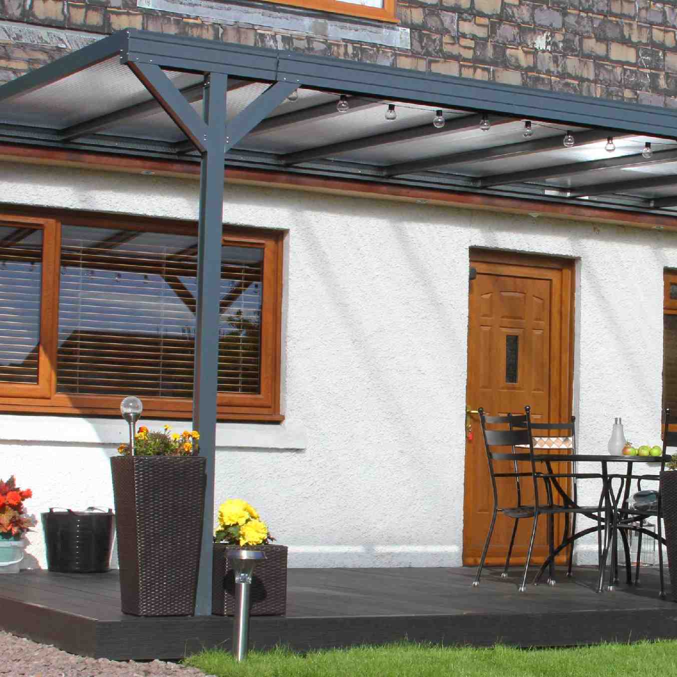 Omega Verandah, Anthracite Grey, 16mm Polycarbonate Glazing - 2.1m (W) x 4.0m (P), (2) Supporting Posts