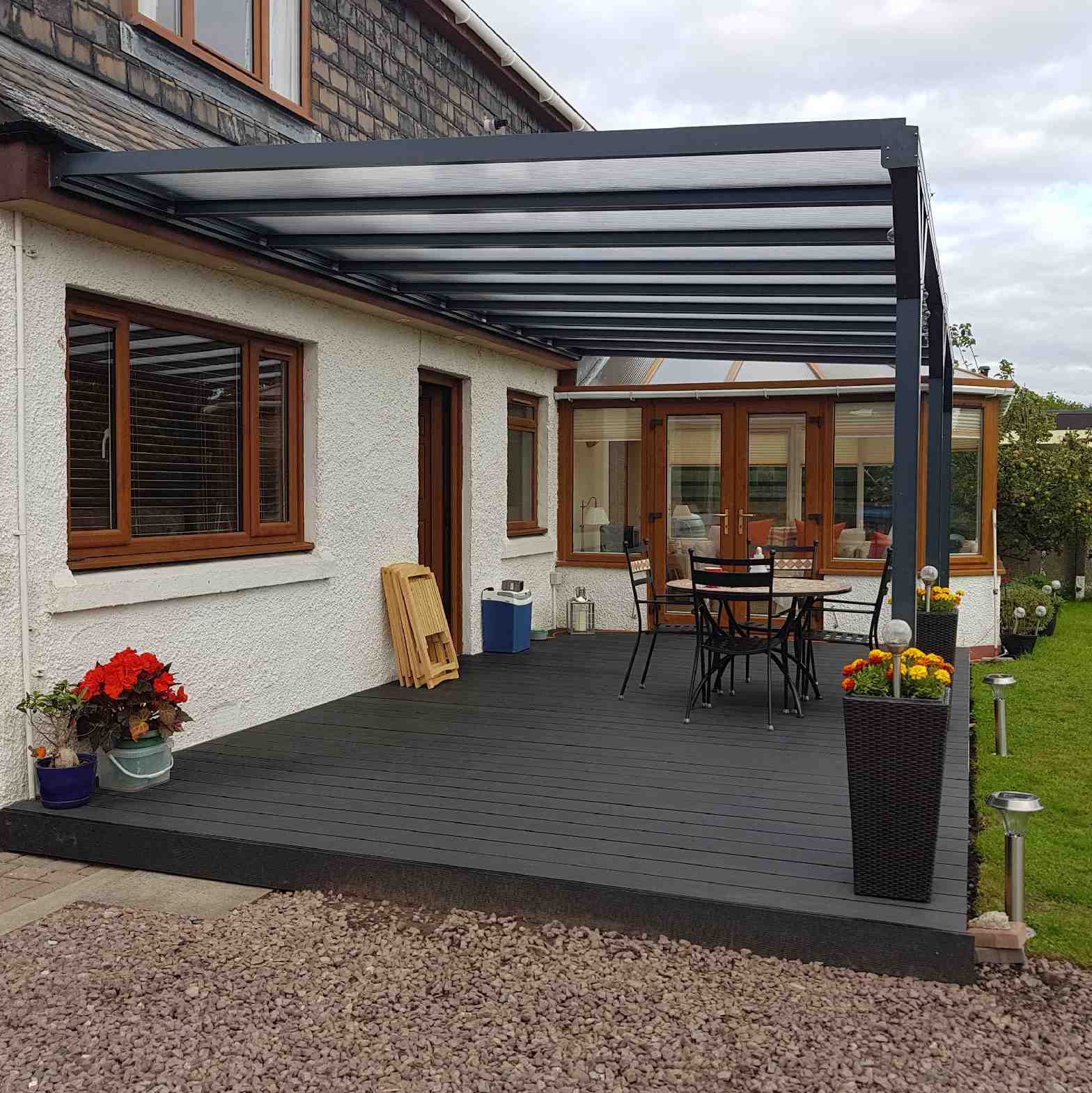 Buy Omega Verandah, Anthracite Grey, 16mm Polycarbonate Glazing - 7.0m (W) x 4.0m (P), (4) Supporting Posts online today