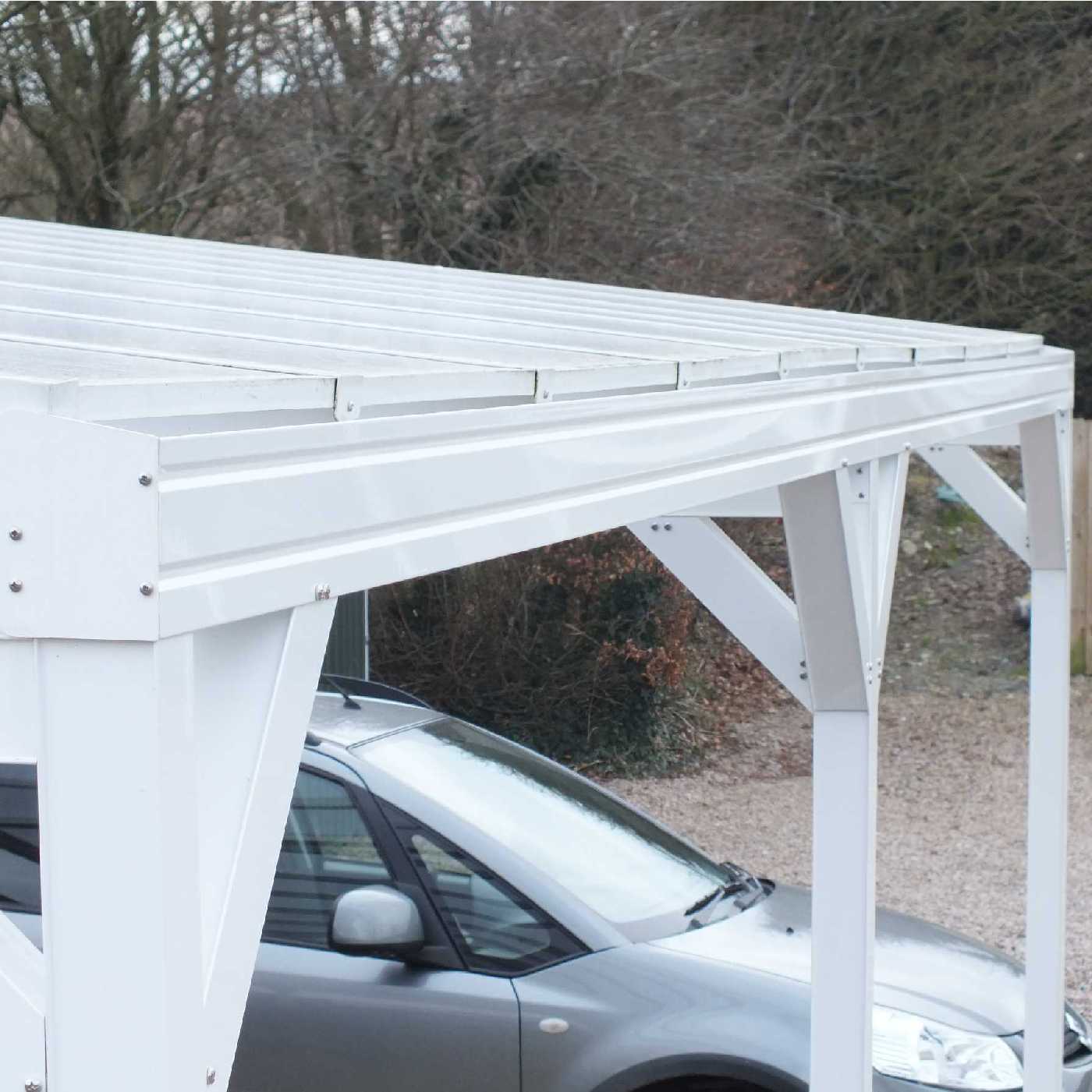 Omega Smart Free-Standing, White MonoPitch Roof Canopy with 6mm Glass Clear Plate Polycarbonate Glazing - 2.1m (W) x 2.0m (P), (4) Supporting Posts from Omega Build