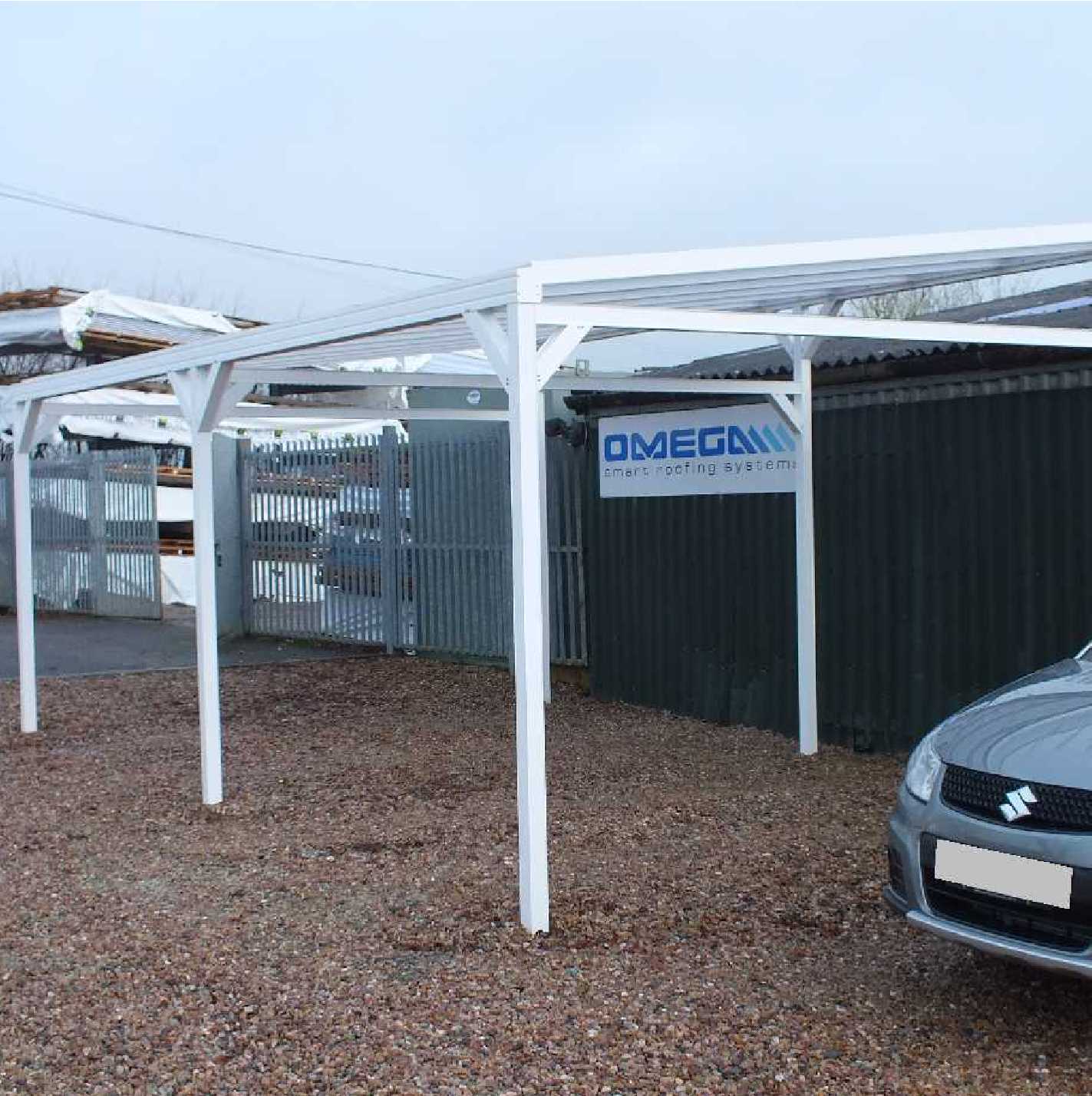 Omega Smart Free-Standing, White MonoPitch Roof Canopy with 6mm Glass Clear Plate Polycarbonate Glazing - 4.2m (W) x 2.0m (P), (6) Supporting Posts