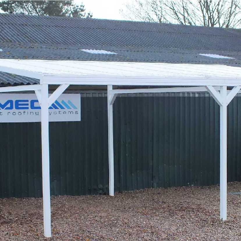 Affordable Omega Smart Free-Standing, White MonoPitch Roof Canopy with 6mm Glass Clear Plate Polycarbonate Glazing - 2.8m (W) x 2.5m (P), (4) Supporting Posts