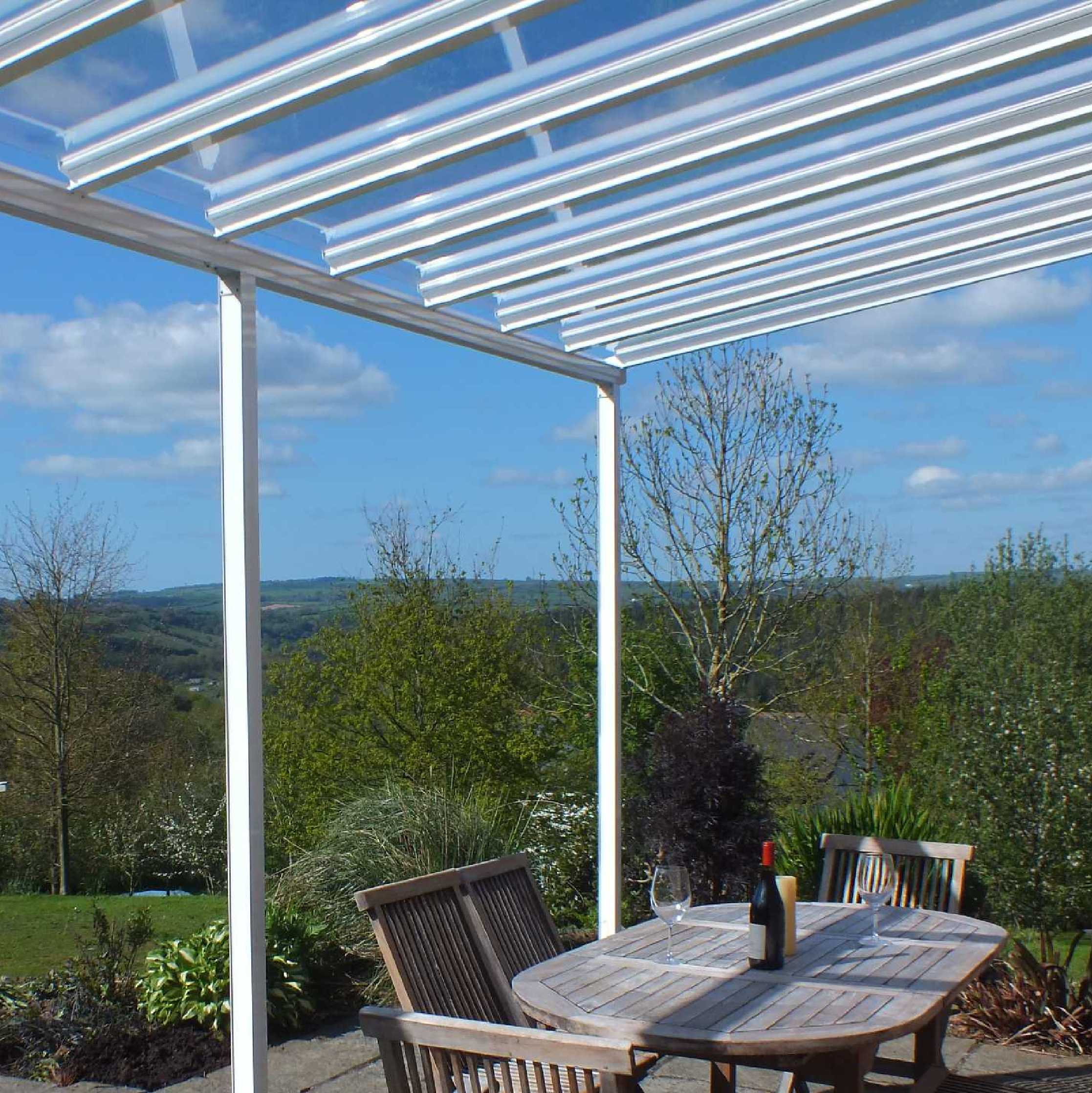 Buy Omega Smart Lean-To Canopy, White with 6mm Glass Clear Plate Polycarbonate Glazing - 2.1m (W) x 1.5m (P), (2) Supporting Posts online today