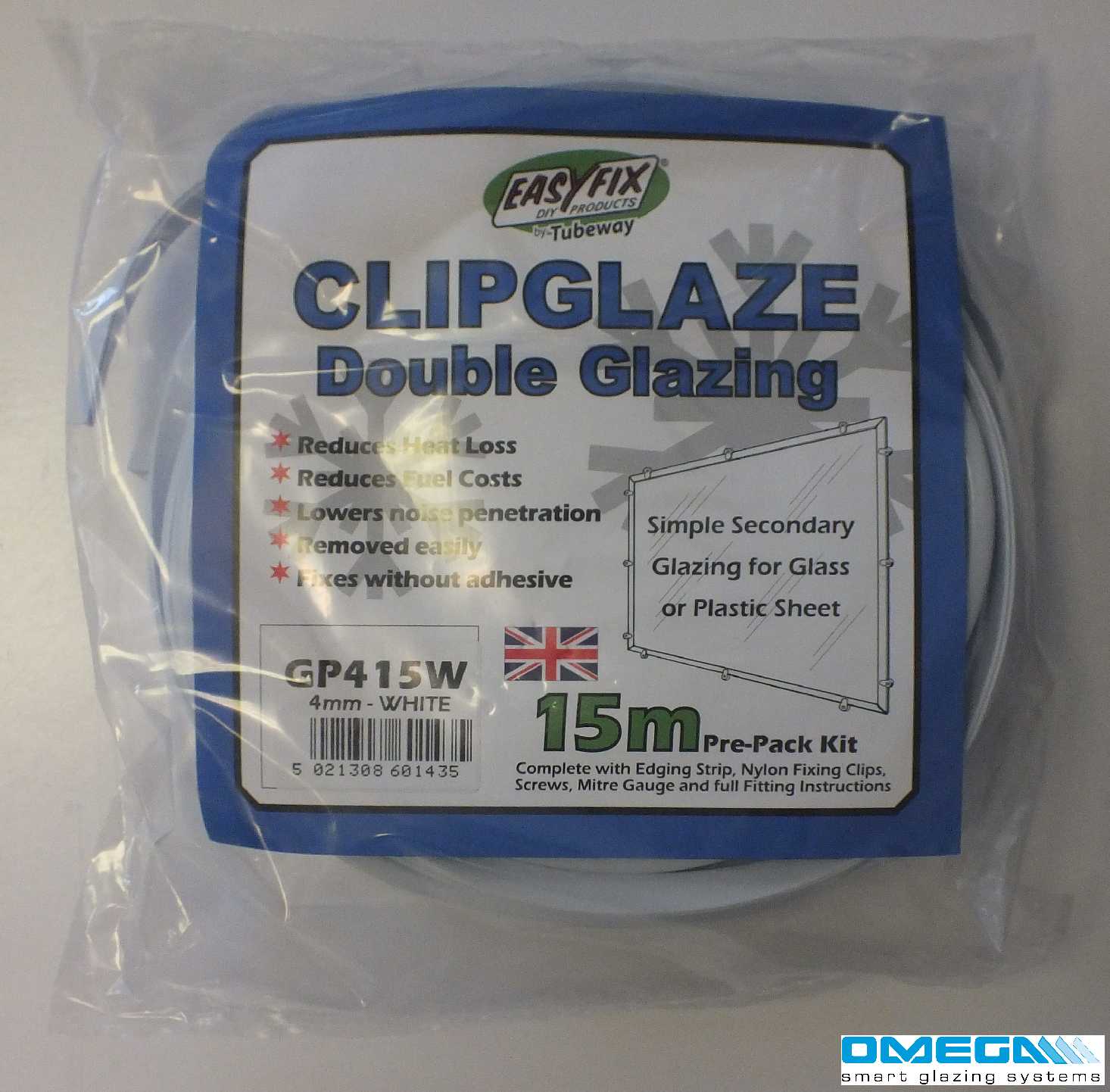Easyfix Clipglaze Edging Kit - 15m roll of edging for 6mm Glazing Thickness, White or Clear from Omega Build