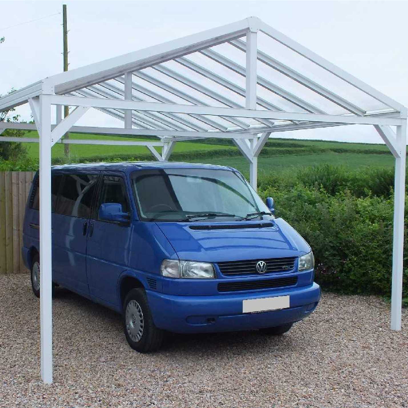 Omega Smart Free-Standing, White Gable-Roof (type 1) Canopy with 16mm Polycarbonate Glazing - 4.2m (W) x 3.5m (P), (6) Supporting Posts