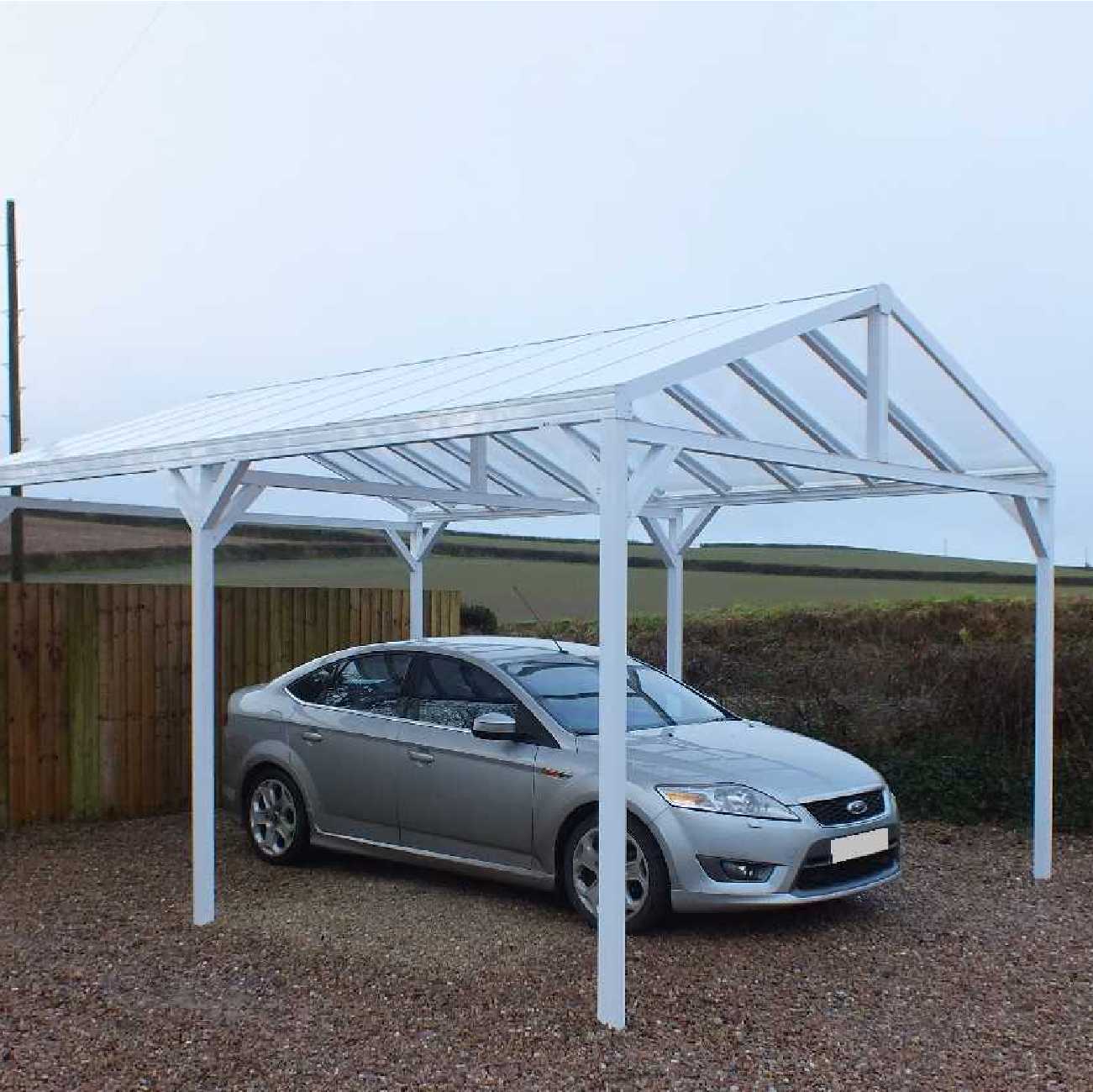 Affordable Omega Smart Free-Standing, White Gable-Roof (type 1) Canopy with 16mm Polycarbonate Glazing - 4.2m (W) x 3.5m (P), (6) Supporting Posts