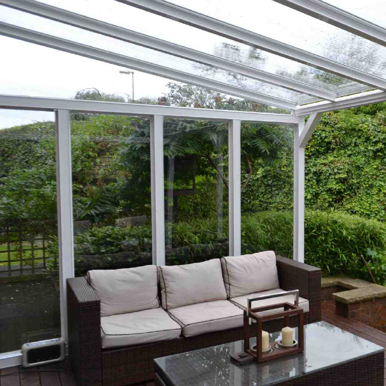 Buy Omega Verandah White with 6mm Glass Clear Plate Polycarbonate Glazing - 4.9m (W) x 1.5m (P), (3) Supporting Posts online today